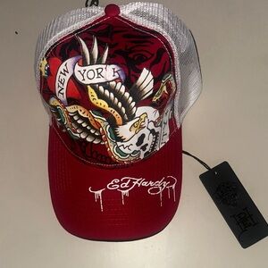 Ed Hardy Red and White Skull Trucker Hat